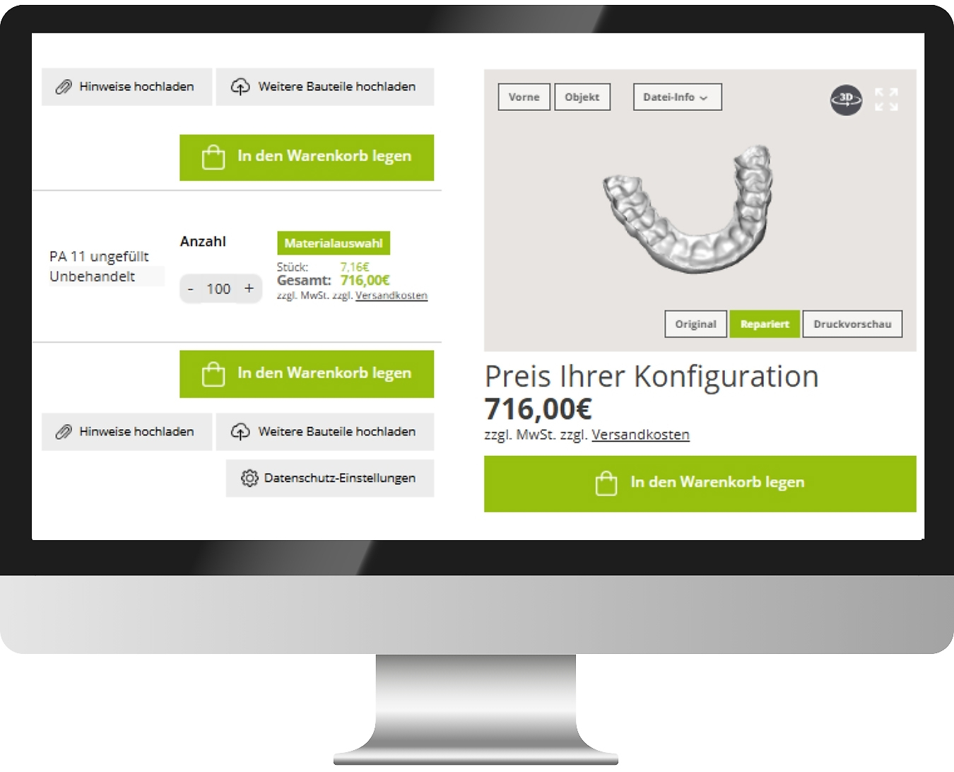 PC screen showing the PROTIQ configurator with a dental splint model